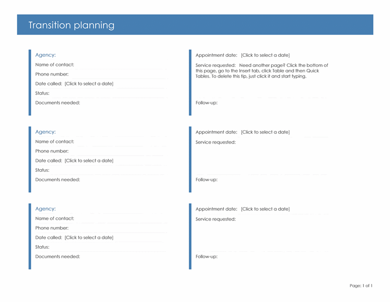 Child Transition Planning form template