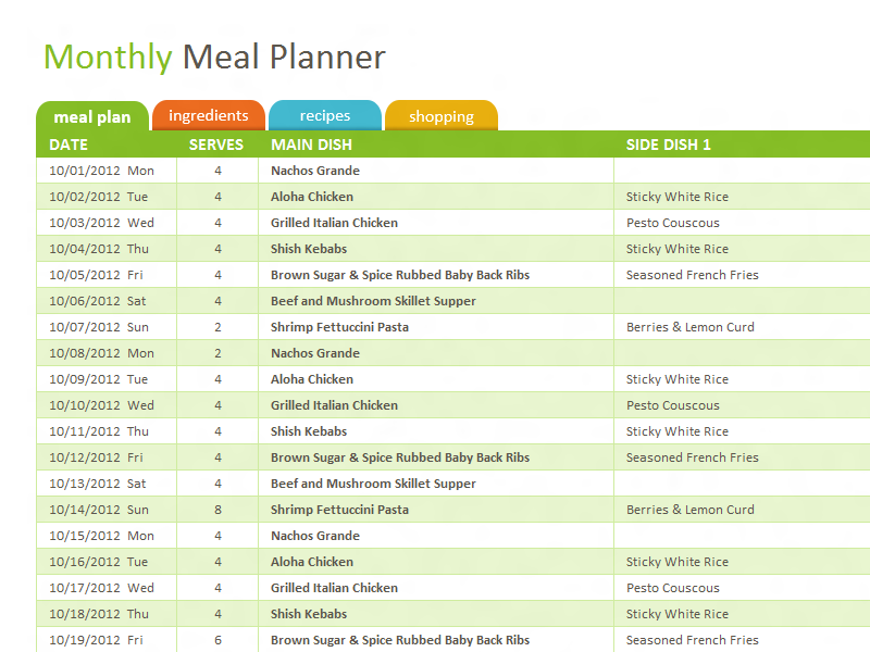 Monthly family meal planner