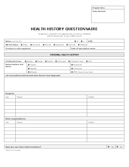 Patient health history questionnaire form