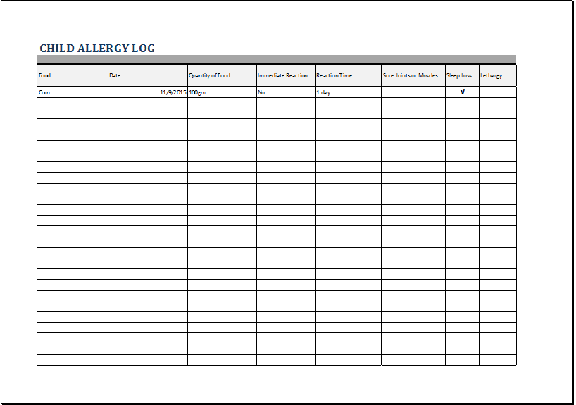 child allergy log template