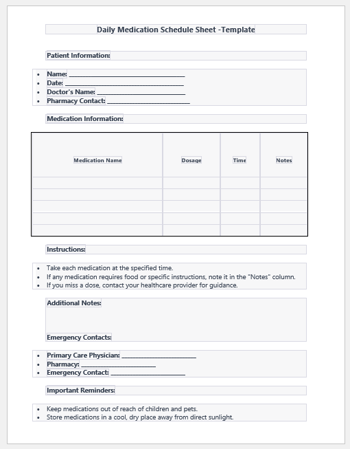 Daily medication schedule sheet