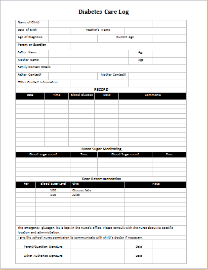 Diabetes care log for school