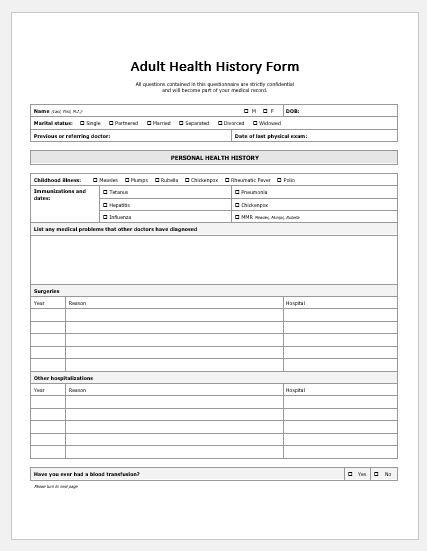 Adult health history form