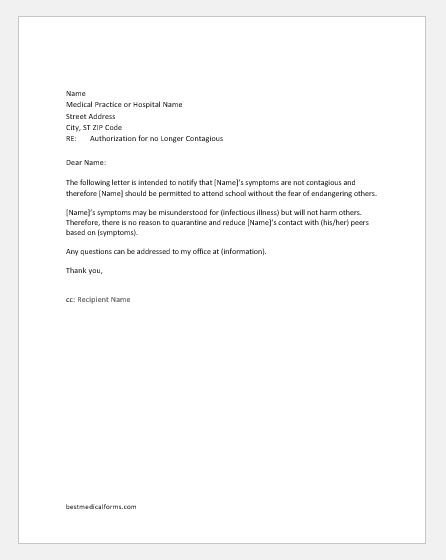 Doctor Authorization Letter to Student for not Contagious