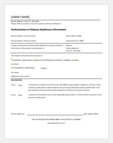Health information release authorization form