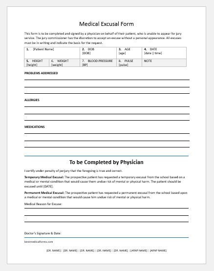 Medical excusal form