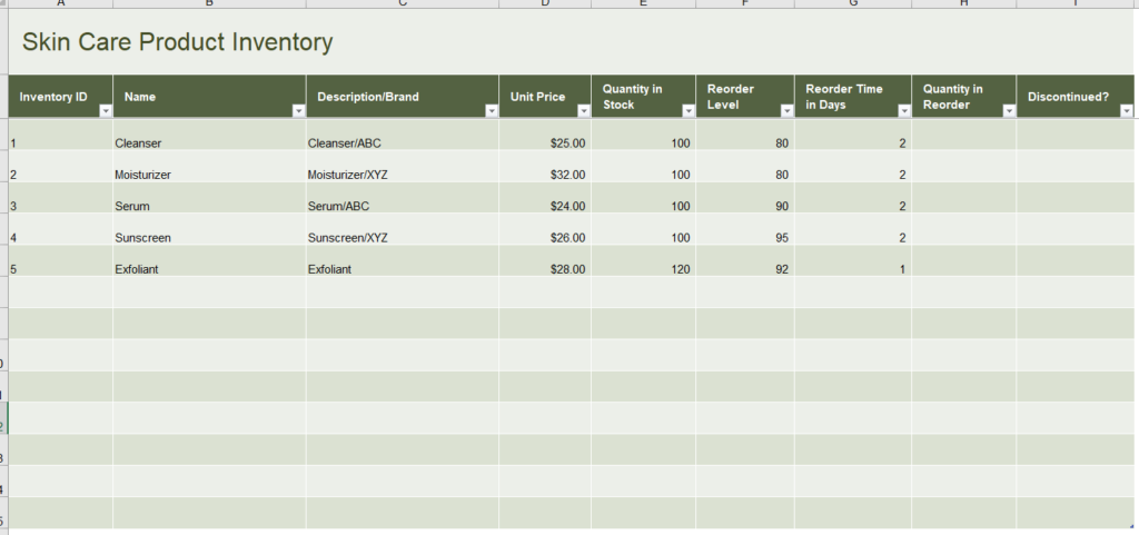Skin care product inventory template