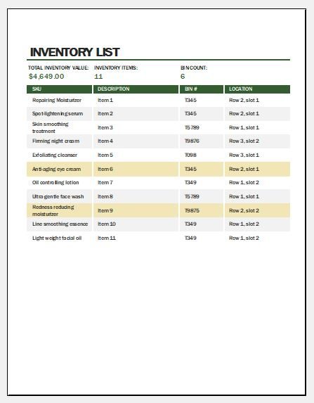 Skincare products inventory template