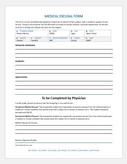 Student medical excusal form