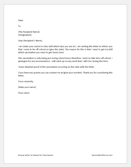 Excuse Letter to School for Vaccination ﻿